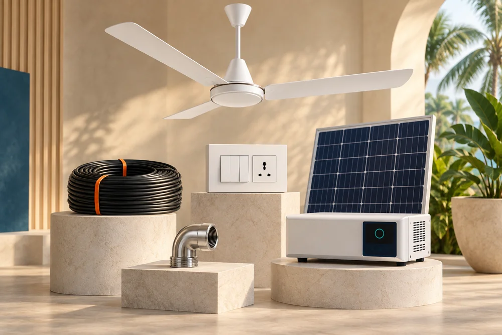 Illustrated collection of electrical, solar and plumbing supplies